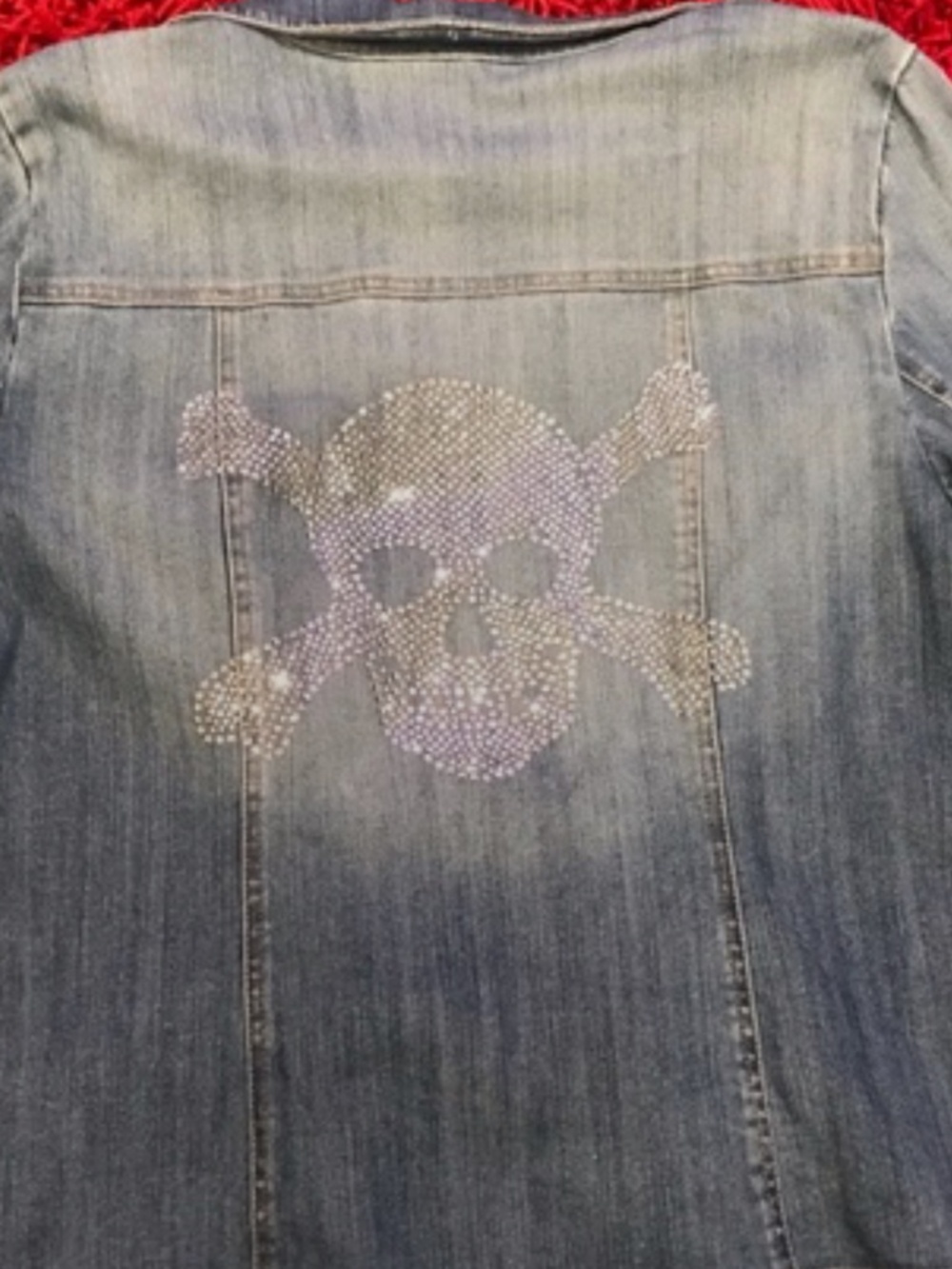 INC International Concepts Women 1X Jean Jacket Crystal Skull on Back AWSOME!
